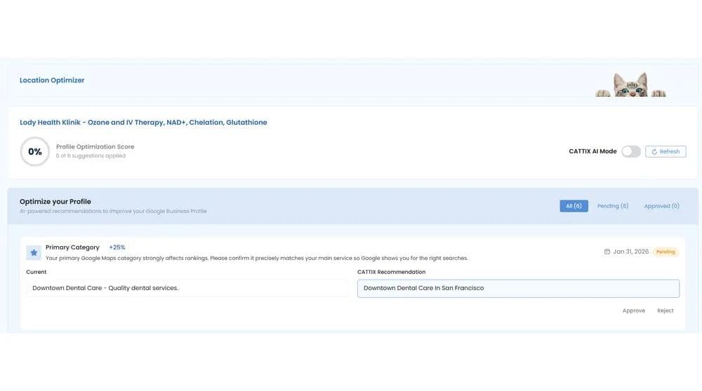 CATTIX Location Optimizer showing Google Business Profile optimization score and AI-powered recommendations queue