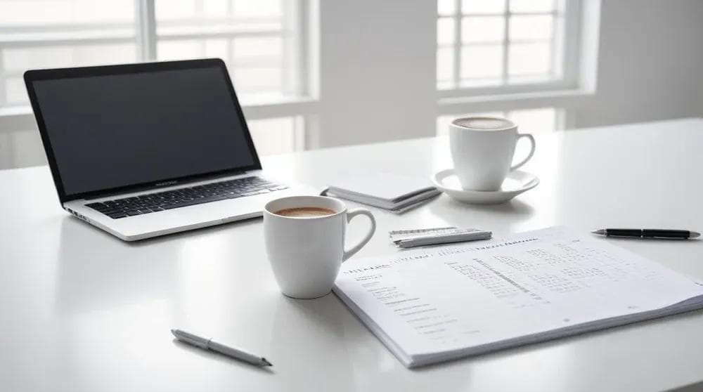 Clean desk workspace with laptop, notebook and coffee representing Google Ads campaign management