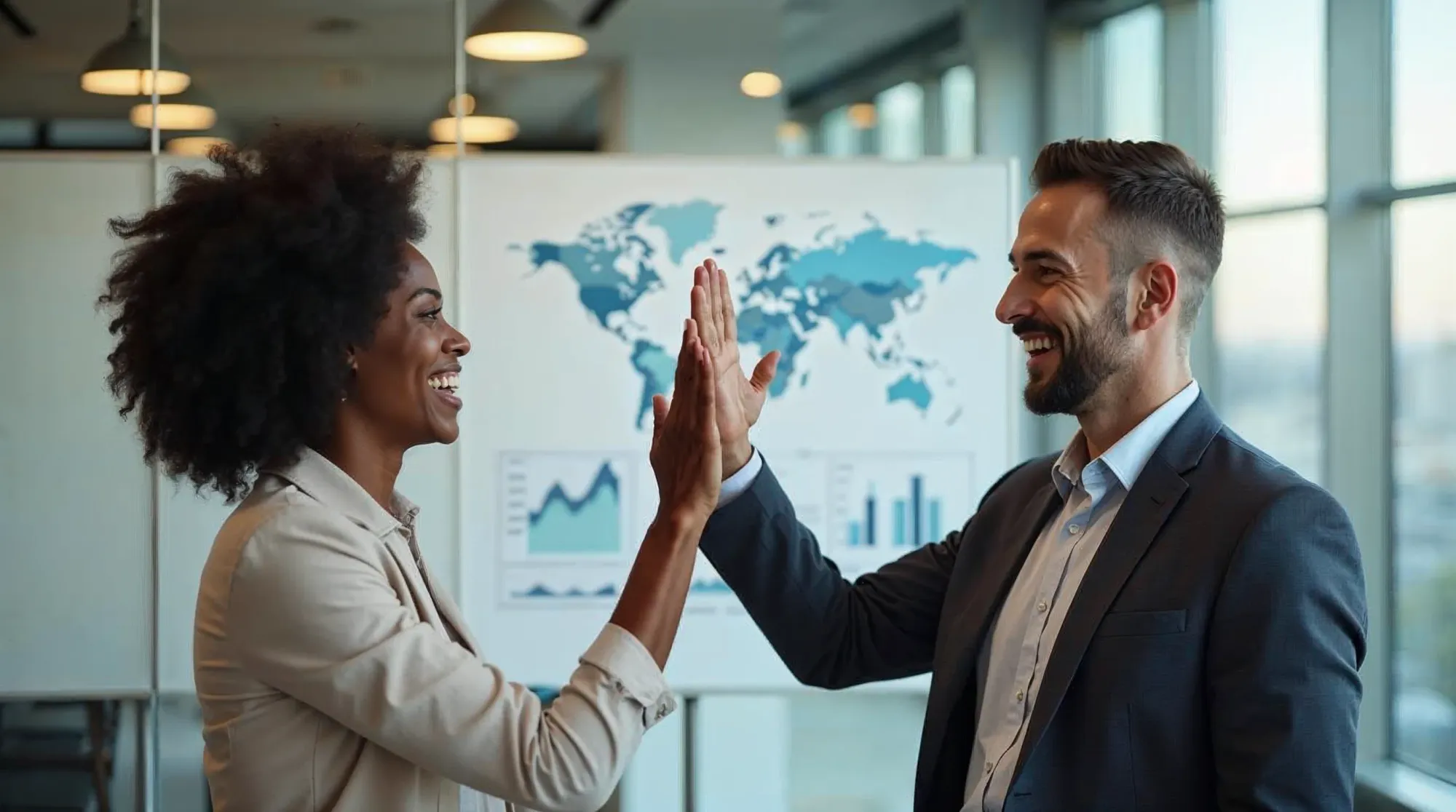Marketing team colleagues celebrating successful PPC campaign results with high-five