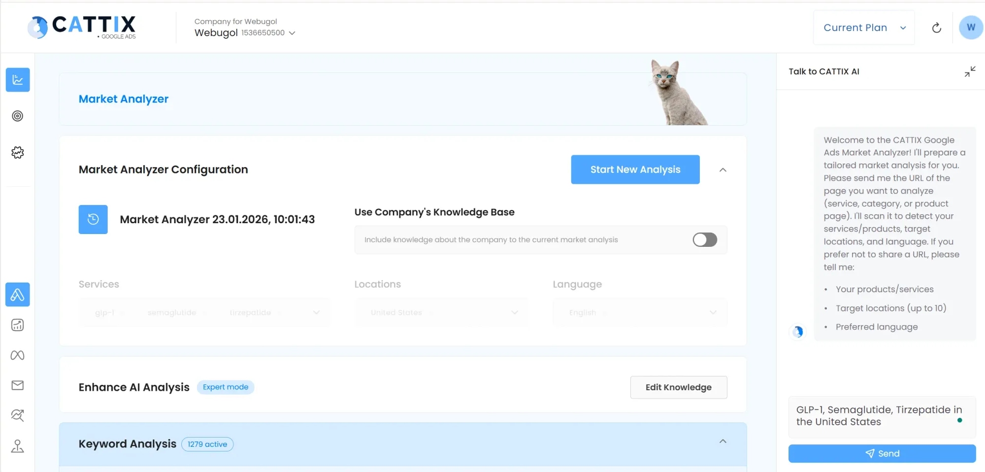 CATTIX Market Analyzer configuration showing services, locations, and AI chat