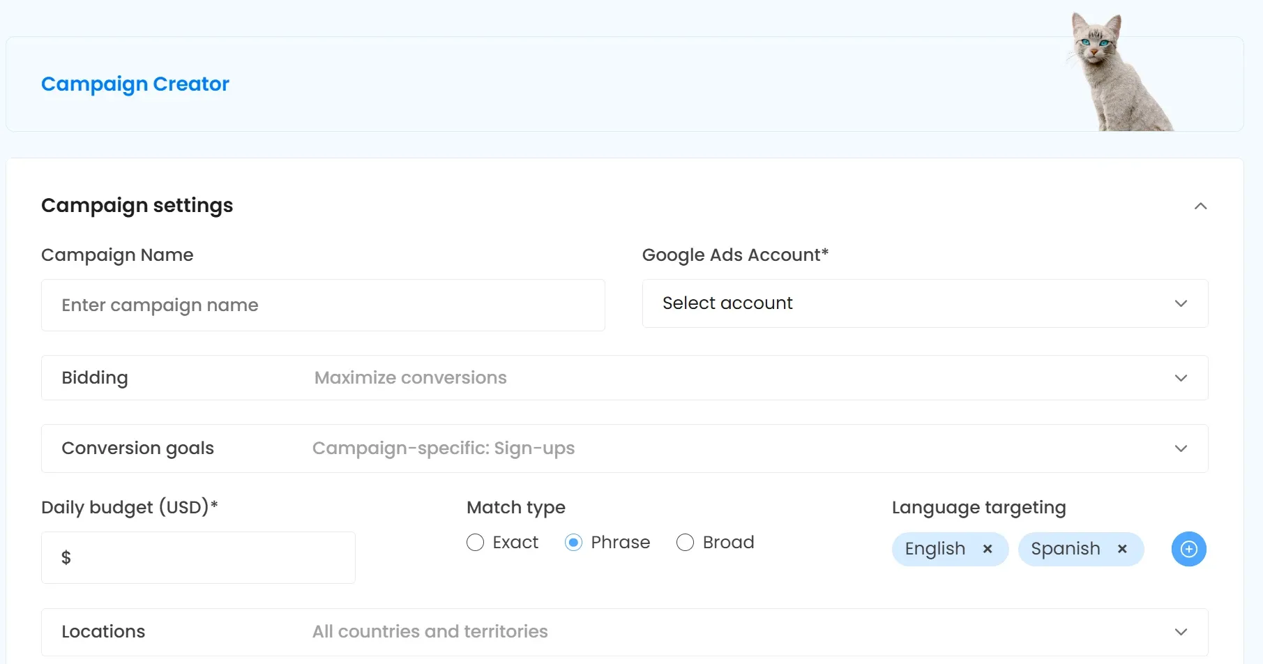 CATTIX Campaign Creator interface for building Google Ads campaigns with automated sitelinks