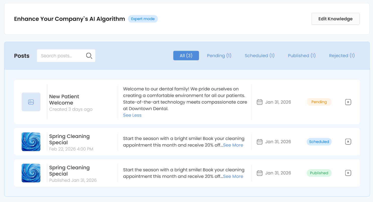 CATTIX Post Generator showing scheduled and published Google Business Profile posts