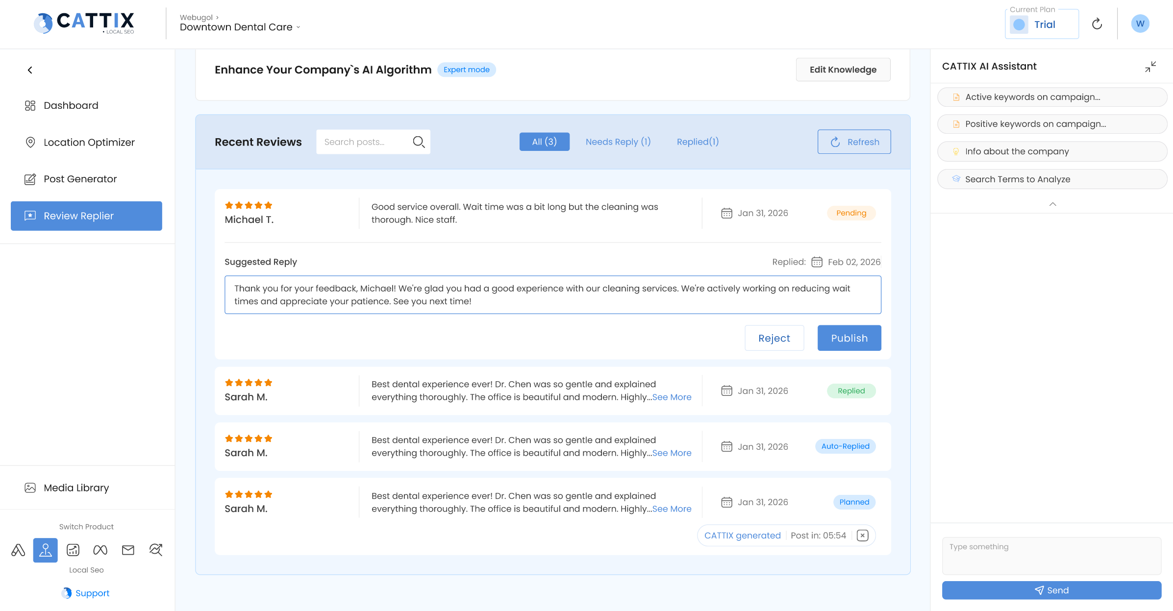 CATTIX Review Replier interface for automated local SEO review management