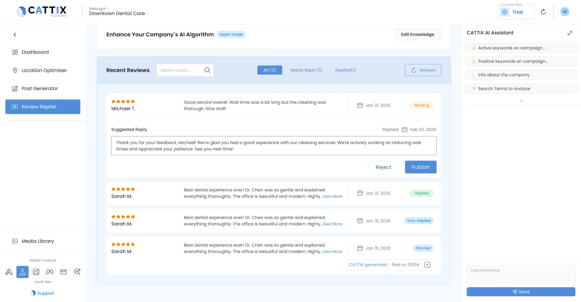 CATTIX Review Replier interface for local SEO review management