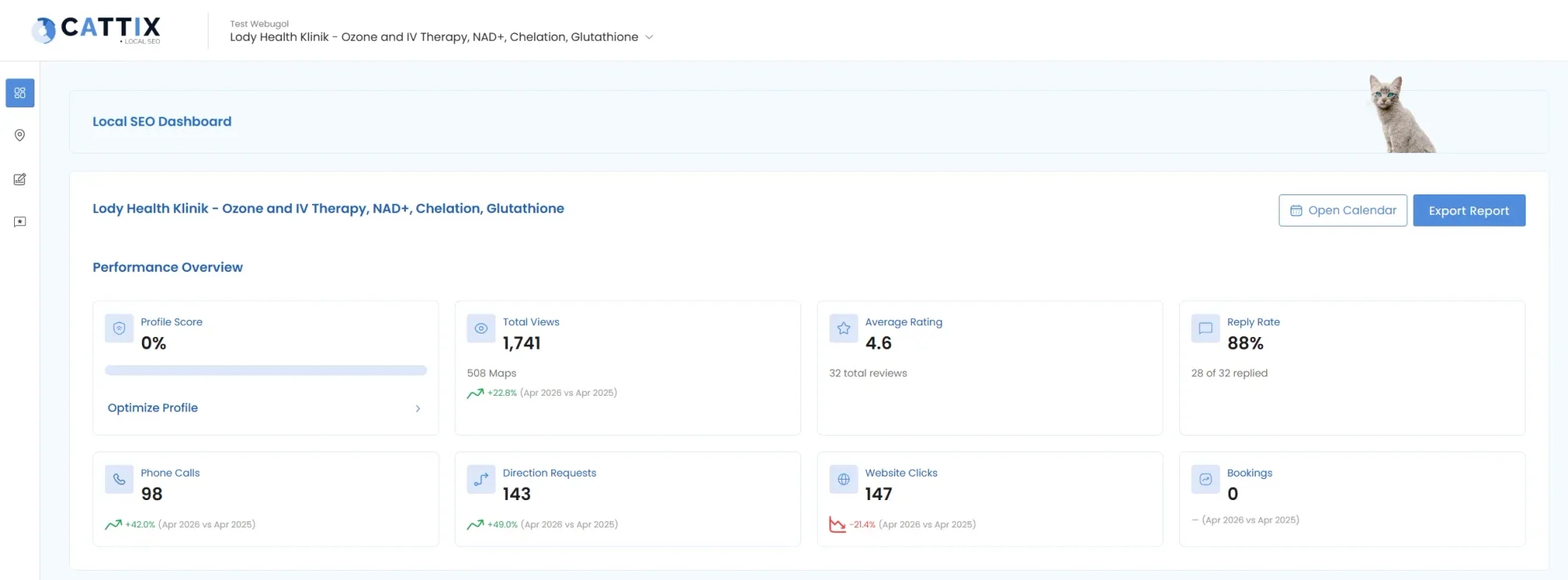 CATTIX Local SEO dashboard showing Google Business Profile performance with year-over-year comparisons for views, calls, direction requests, and review reply rate