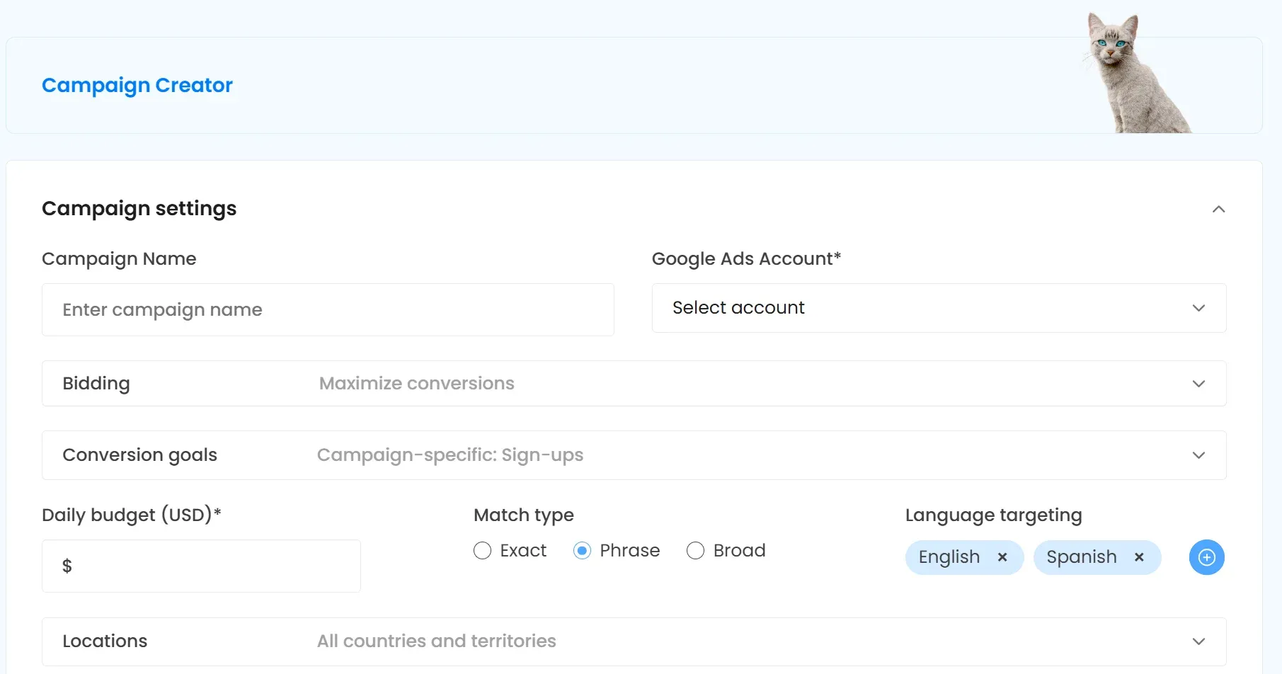 CATTIX Campaign Creator showing AI-generated campaign structure with ad groups and keywords for Google Ads