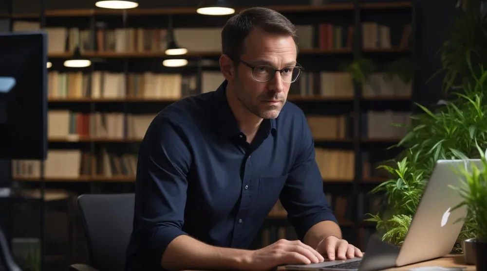 Marketing professional reviewing Google Ads search term data on laptop in modern office