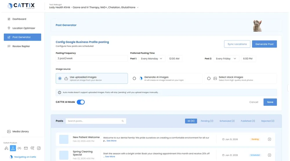 CATTIX Post Generator showing automated Google Business Profile posting schedule with AI Mode enabled
