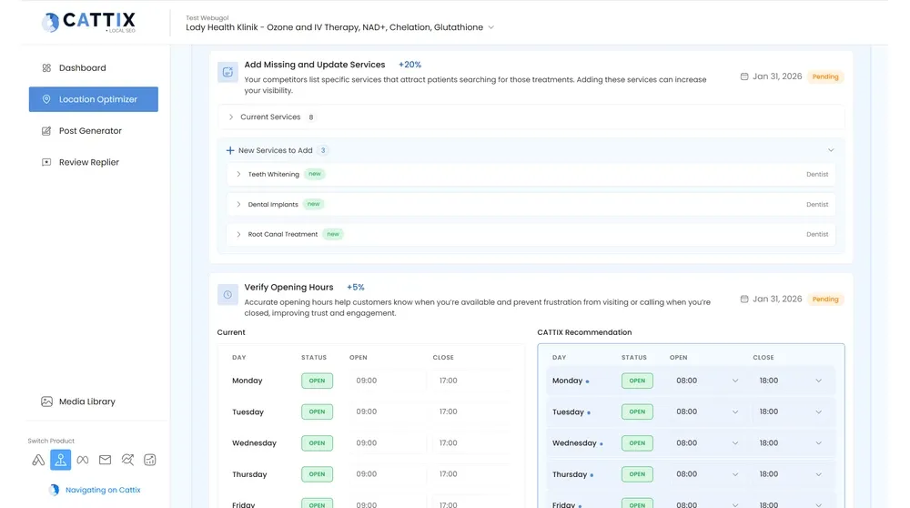 CATTIX Location Optimizer showing AI-powered recommendations to add missing services and verify opening hours with percentage impact scores