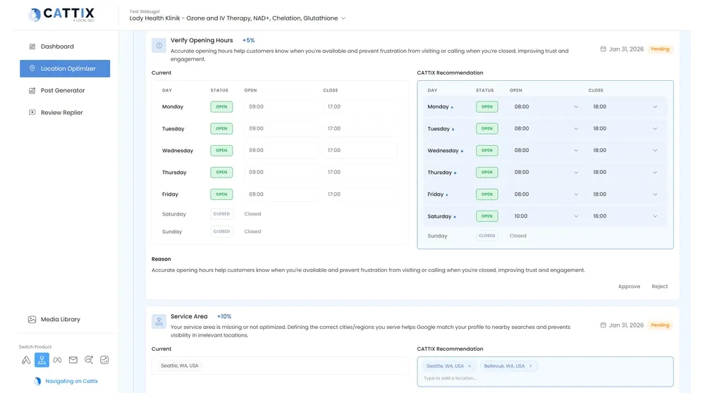 CATTIX Location Optimizer showing opening hours verification with current versus recommended hours comparison and service area recommendation