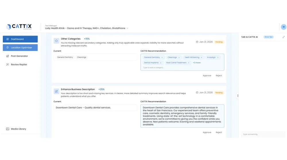 CATTIX Location Optimizer showing AI-generated category recommendations and business description with explanatory reasoning for each suggestion