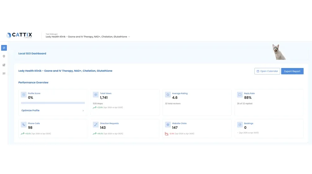 CATTIX Local SEO Dashboard showing performance overview with views, calls, rating, and review reply rate metrics