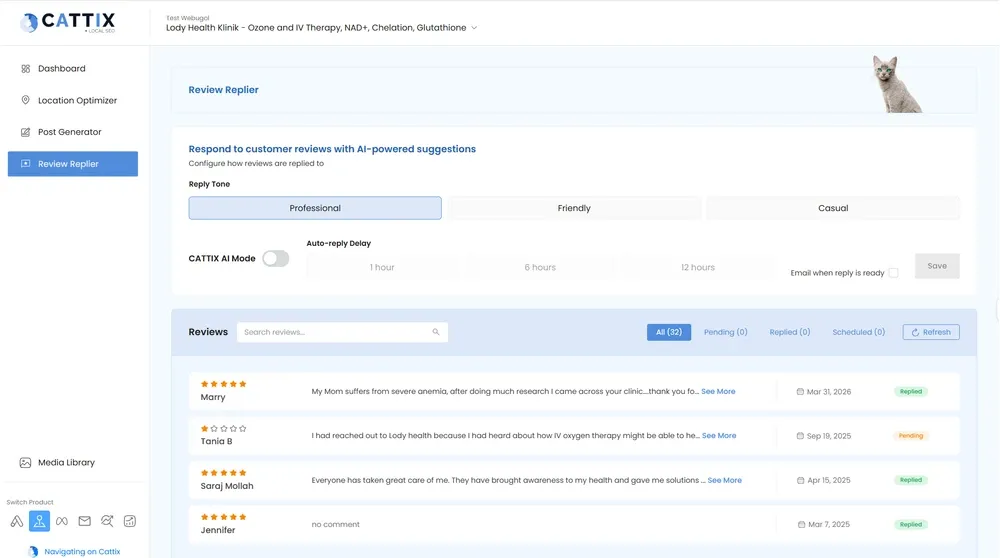 CATTIX Review Replier showing AI-generated review responses with tone selector and AI Mode toggle for automated response publishing