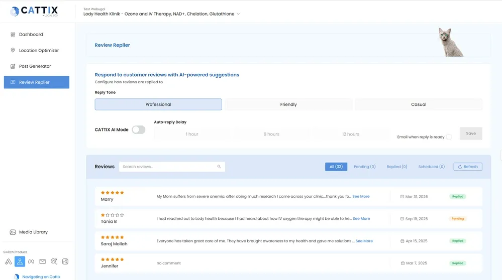 CATTIX Review Replier showing AI-powered customer review response queue with tone selector