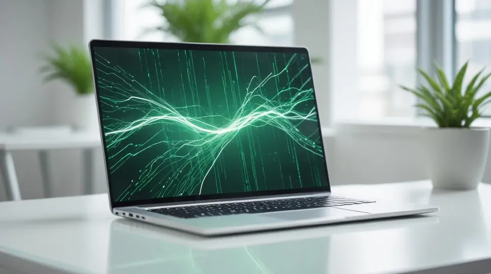 Sleek laptop on a glass desk with glowing data lines representing Google Ads responsive search ads optimization