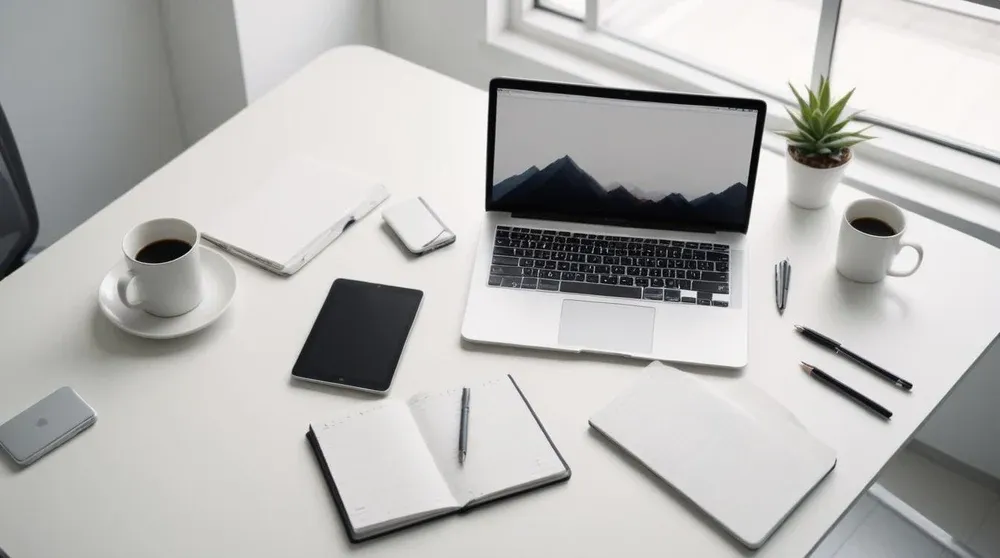 Overhead view of a clean office desk with laptop, tablet, and notebook - representing organized campaign management with CATTIX