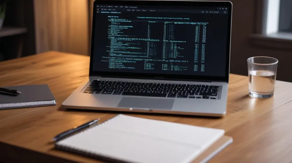 Laptop with code on screen and notebook on a wooden desk representing Google Ads tag configuration and testing
