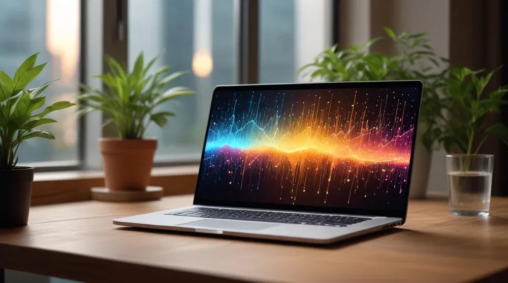 Laptop on a wooden desk showing abstract data visualization, representing automated bidding strategy decisions