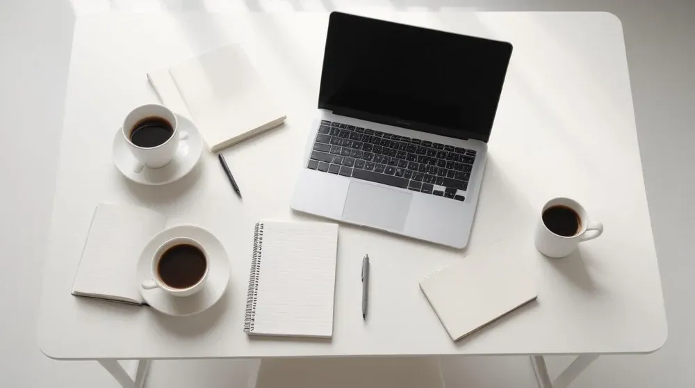 Clean overhead desk with laptop and open notebook representing strategic planning for Google Ads campaign optimization