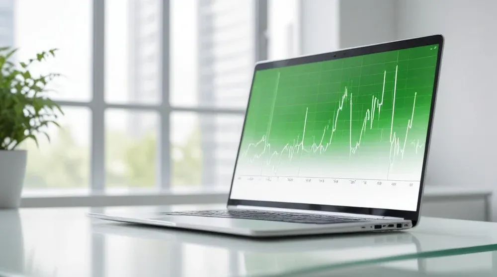 Laptop on a desk with a glowing green upward trend graph on screen representing successful CPC reduction in Google Ads