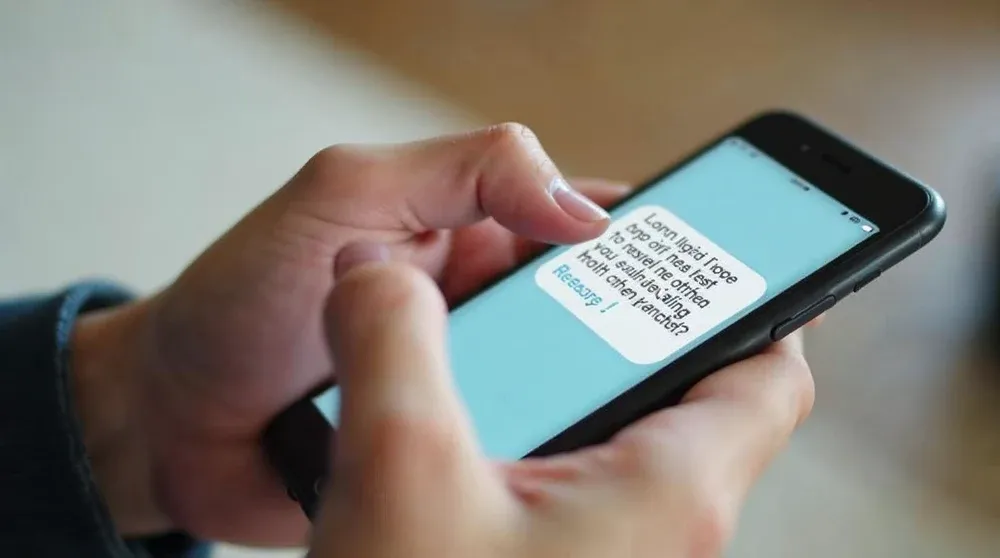 Business owner sending a review request message via smartphone to a customer after completing a service