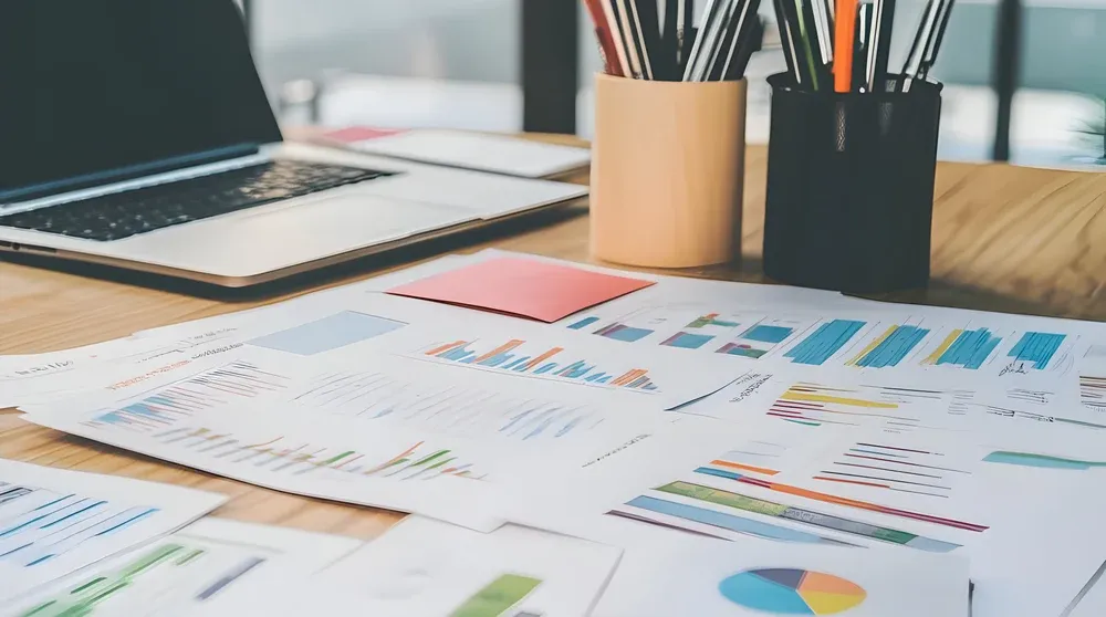Marketing reports and charts spread on a desk with a laptop representing google ads copy performance analysis