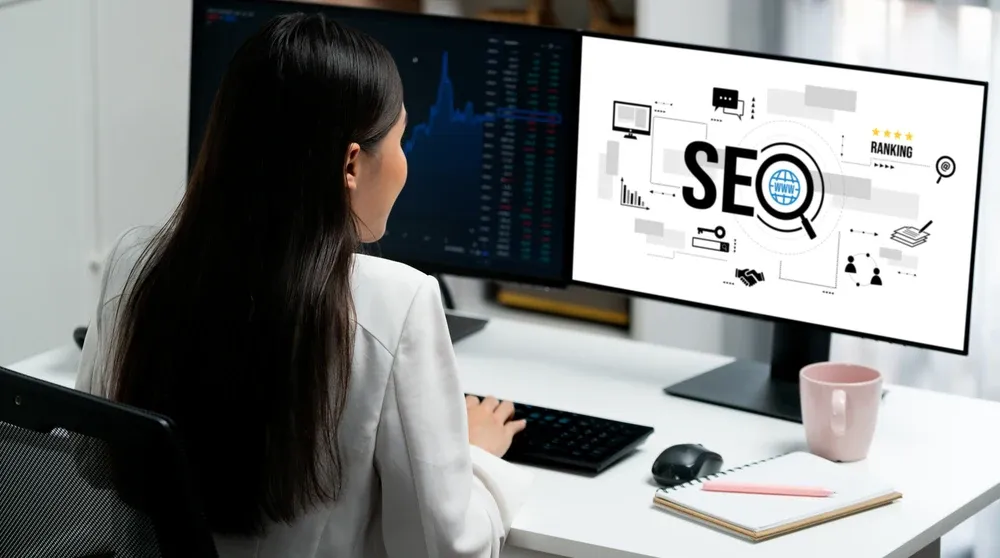 Marketing professional analyzing SEO keyword data on a computer screen