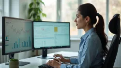 Business owner comparing local search optimization software tools on dual monitors