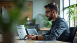 Business consultant managing directory submissions and citations on laptop