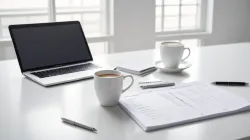 Clean desk workspace with laptop, notebook and coffee representing Google Ads campaign management