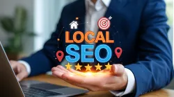 Marketing professional working on local SEO strategy with laptop in modern office