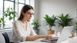 Marketer writing AI-powered narrative Google Ads copy at modern desk