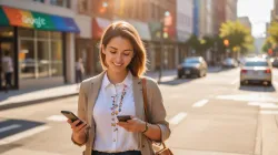 Professional checking Google Maps local business results on phone walking on city street