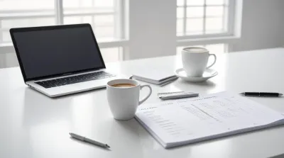 Clean desk workspace with laptop, notebook and coffee representing Google Ads campaign management