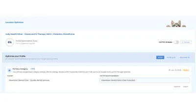 CATTIX Location Optimizer showing Google Business Profile optimization score and AI-powered audit recommendations queue
