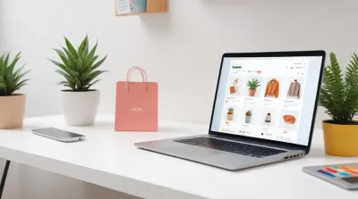 Laptop showing an e-commerce product grid on a desk representing google ads for ecommerce campaign strategy