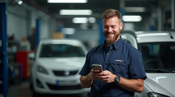 Local business owner checking lead notifications on phone at auto repair shop