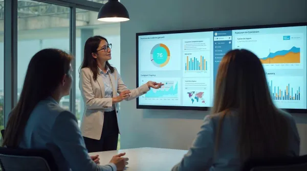 Marketing agency manager presenting local SEO management dashboard to team members