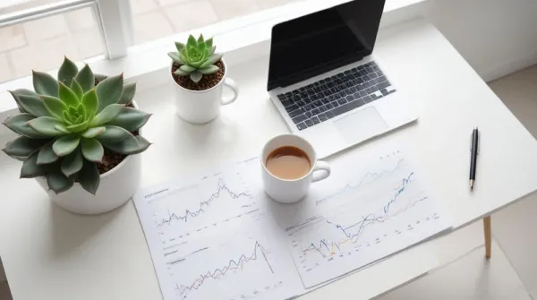 Minimalist desk workspace with laptop showing analytics and notebook, representing Google Ads quality score optimization