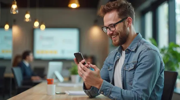 Local business owner checking Google reviews on smartphone in a modern office setting